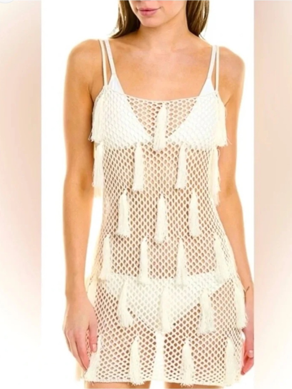 🤍🌴 Boho Luxe Crochet Tassel Swim Cover Up Resort Dress‎ Medium M
